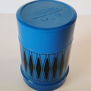 Vintage King Seeley Thermos. Blue Harlequin design. 2 cups, 6.5" tall, 1970s.
